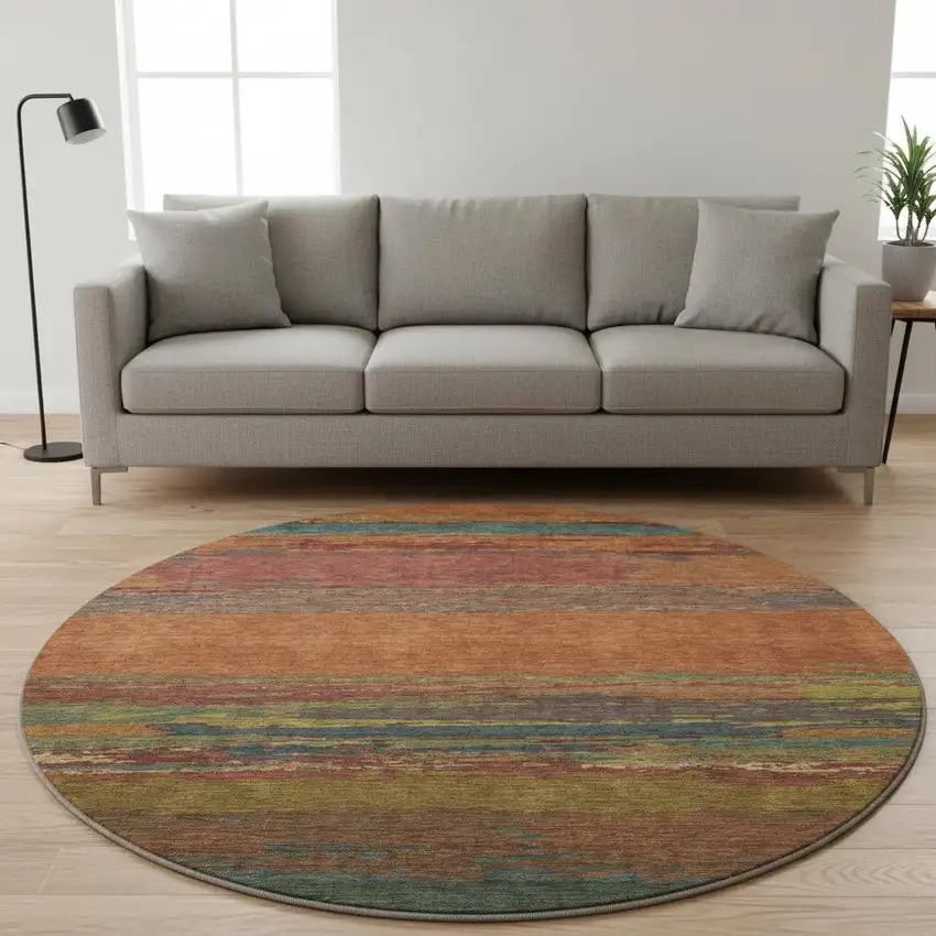 8' X 8' Terra Cotta Teal And Green Abstract Washable Round Rug With UV Protection Photo 2