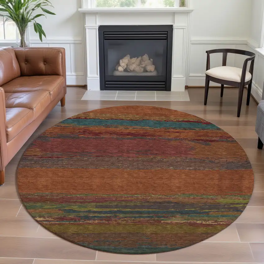 8' X 8' Terra Cotta Teal And Green Abstract Washable Round Rug With UV Protection Photo 4