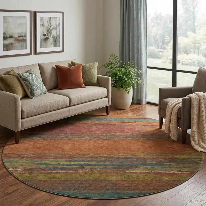 8' X 8' Terra Cotta Teal And Green Abstract Washable Round Rug With UV Protection Photo 1