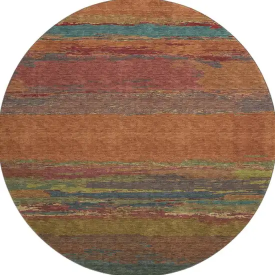 8' X 8' Terra Cotta Teal And Green Abstract Washable Round Rug With UV Protection Photo 3