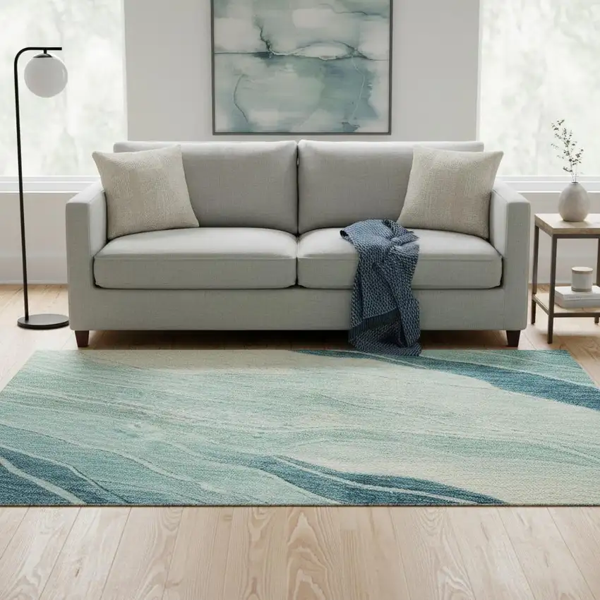 8' X 8' Turquoise And Ivory Striped Washable Round Rug With UV Protection Photo 2