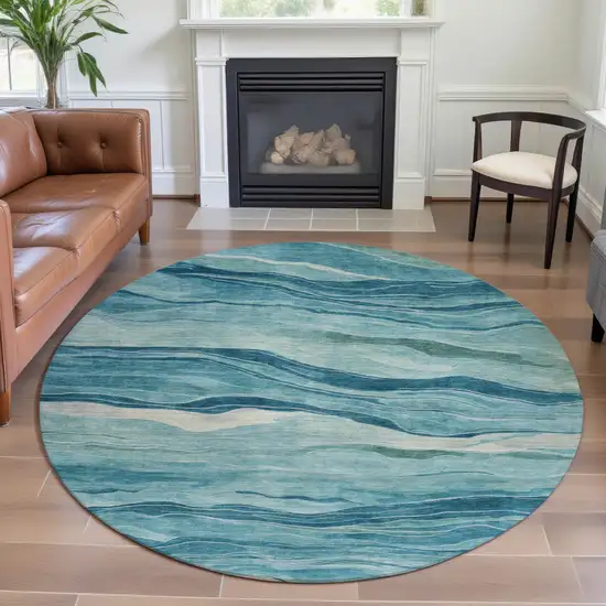 8' X 8' Turquoise And Ivory Striped Washable Round Rug With UV Protection Photo 3