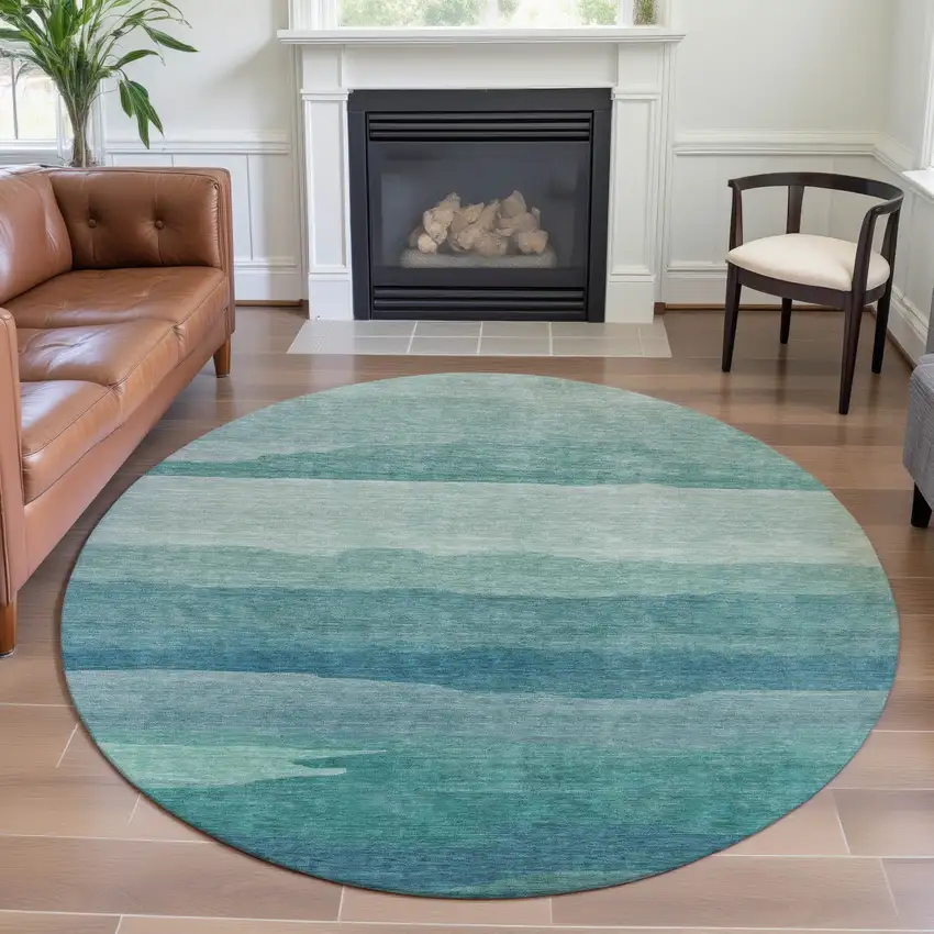 8' X 8' Turquoise And Ivory Striped Washable Round Rug With UV Protection Photo 4