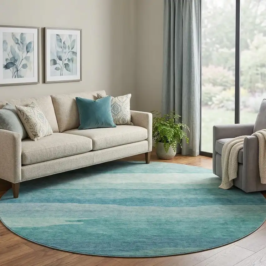 8' X 8' Turquoise And Ivory Striped Washable Round Rug With UV Protection Photo 1