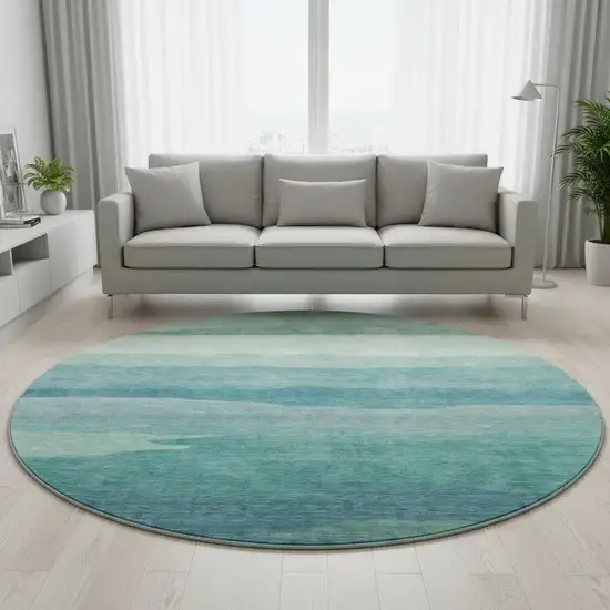 8' X 8' Turquoise And Ivory Striped Washable Round Rug With UV Protection Photo 2