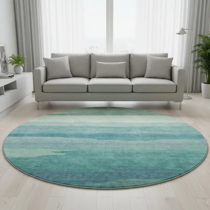 8' X 8' Turquoise And Ivory Striped Washable Round Rug With UV Protection Photo 2