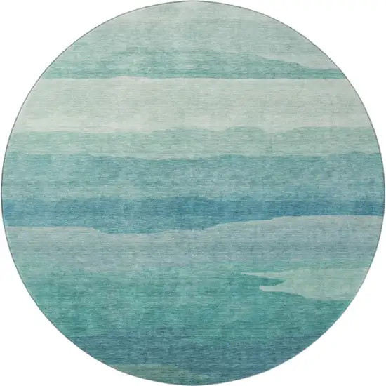 8' X 8' Turquoise And Ivory Striped Washable Round Rug With UV Protection Photo 3
