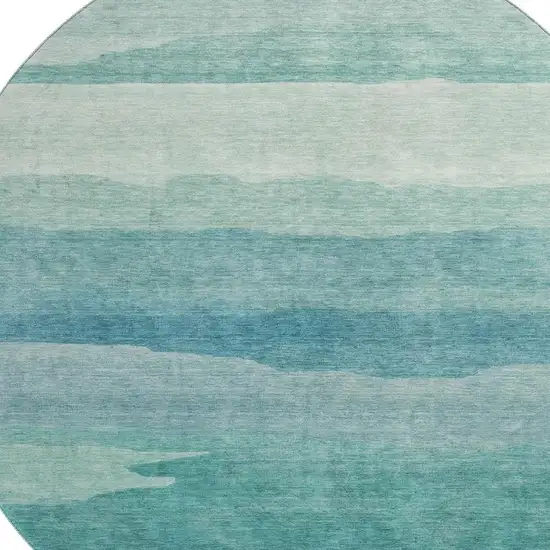 8' X 8' Turquoise And Ivory Striped Washable Round Rug With UV Protection Photo 2
