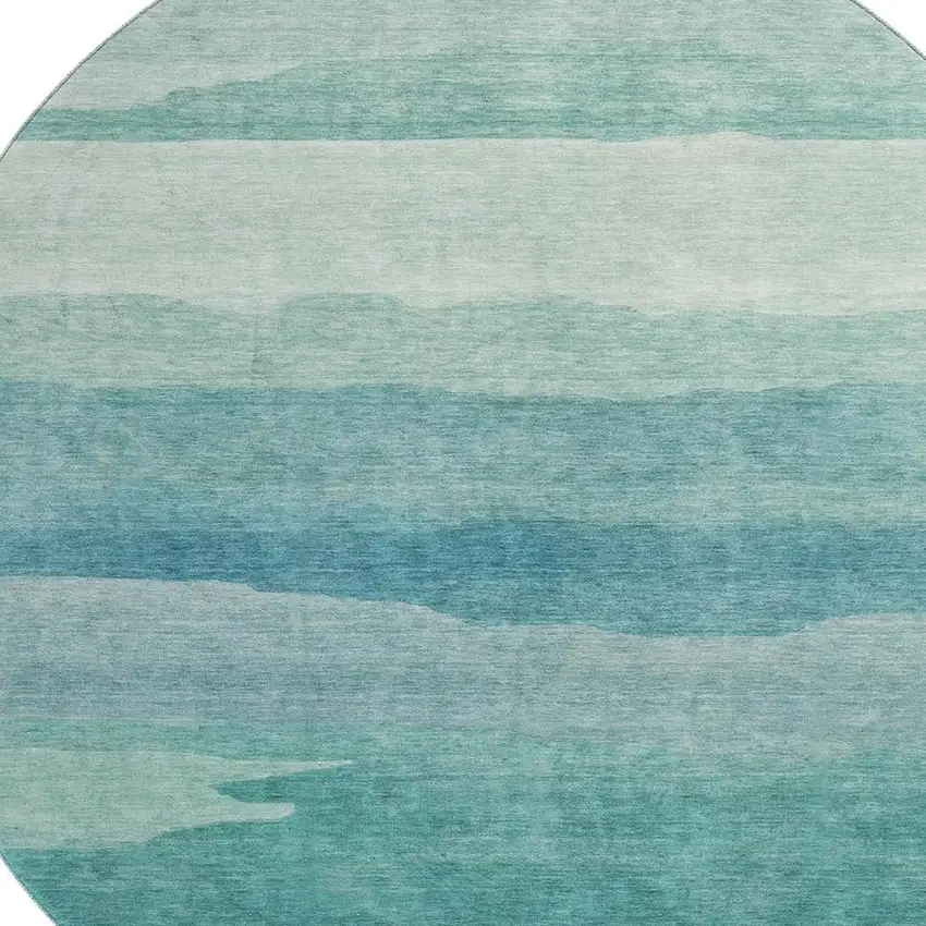 8' X 8' Turquoise And Ivory Striped Washable Round Rug With UV Protection Photo 2