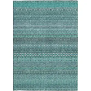 Photo of 3' X 4' Turquoise Striped Washable Non Skid Indoor Outdoor Area Rug
