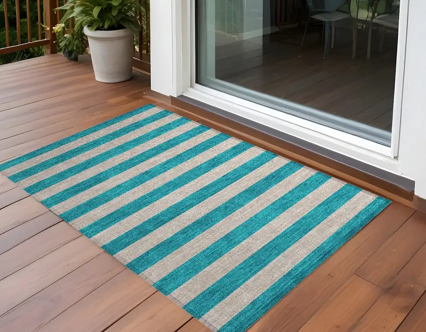 3' X 4' Turquoise Striped Washable Non Skid Indoor Outdoor Area Rug Photo 1