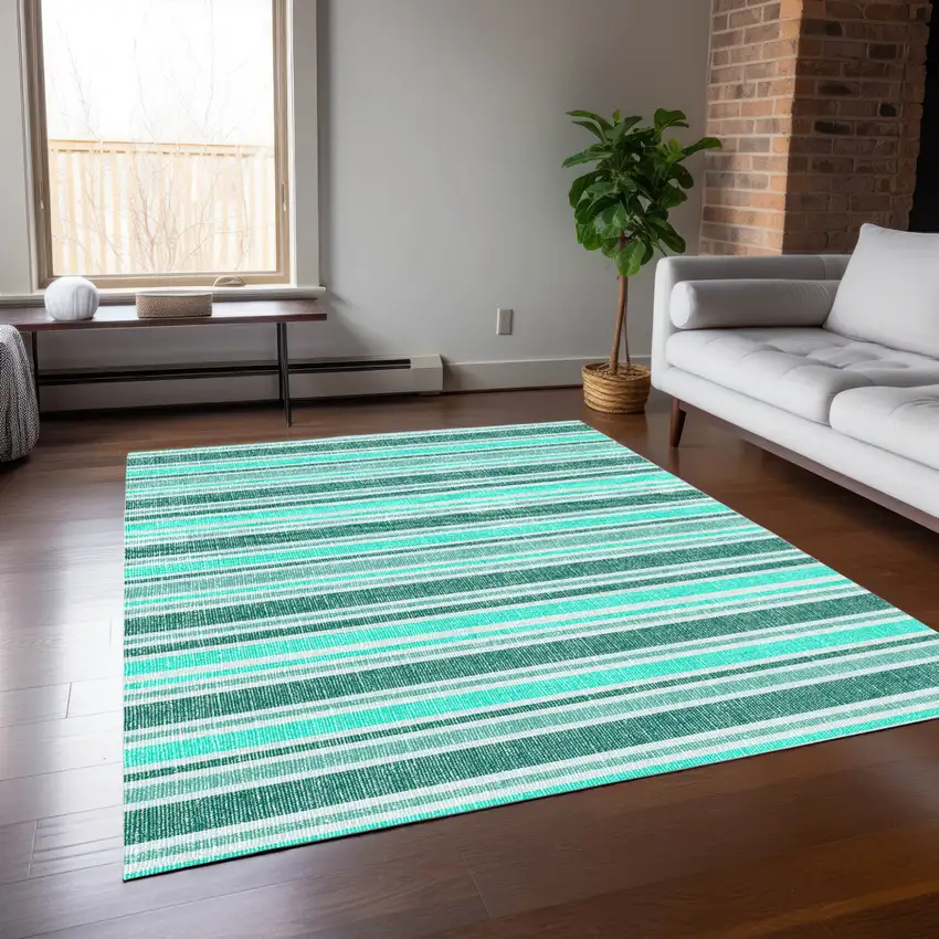 Turquoise Striped Washable Indoor Outdoor Area Rug Photo 8