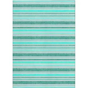 Photo of 3' X 5' Turquoise Striped Washable Non Skid Indoor Outdoor Area Rug