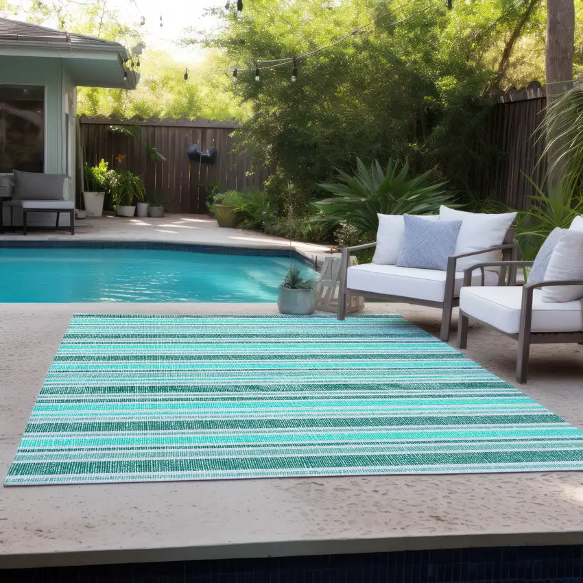Turquoise Striped Washable Indoor Outdoor Area Rug Photo 9