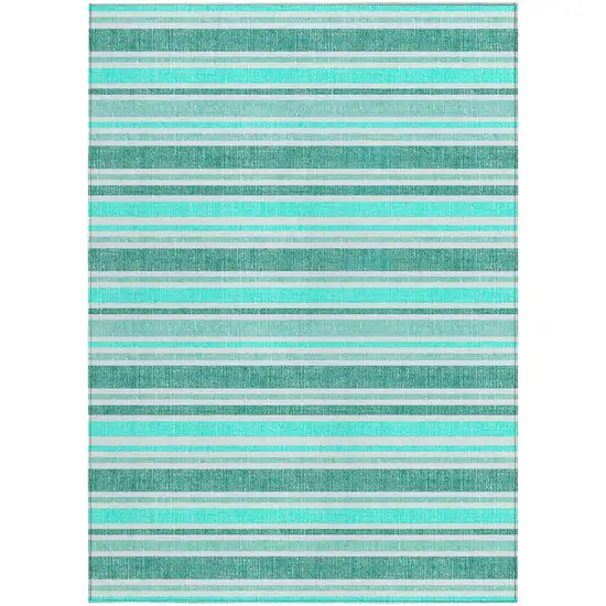 Turquoise Striped Washable Indoor Outdoor Area Rug Photo 5