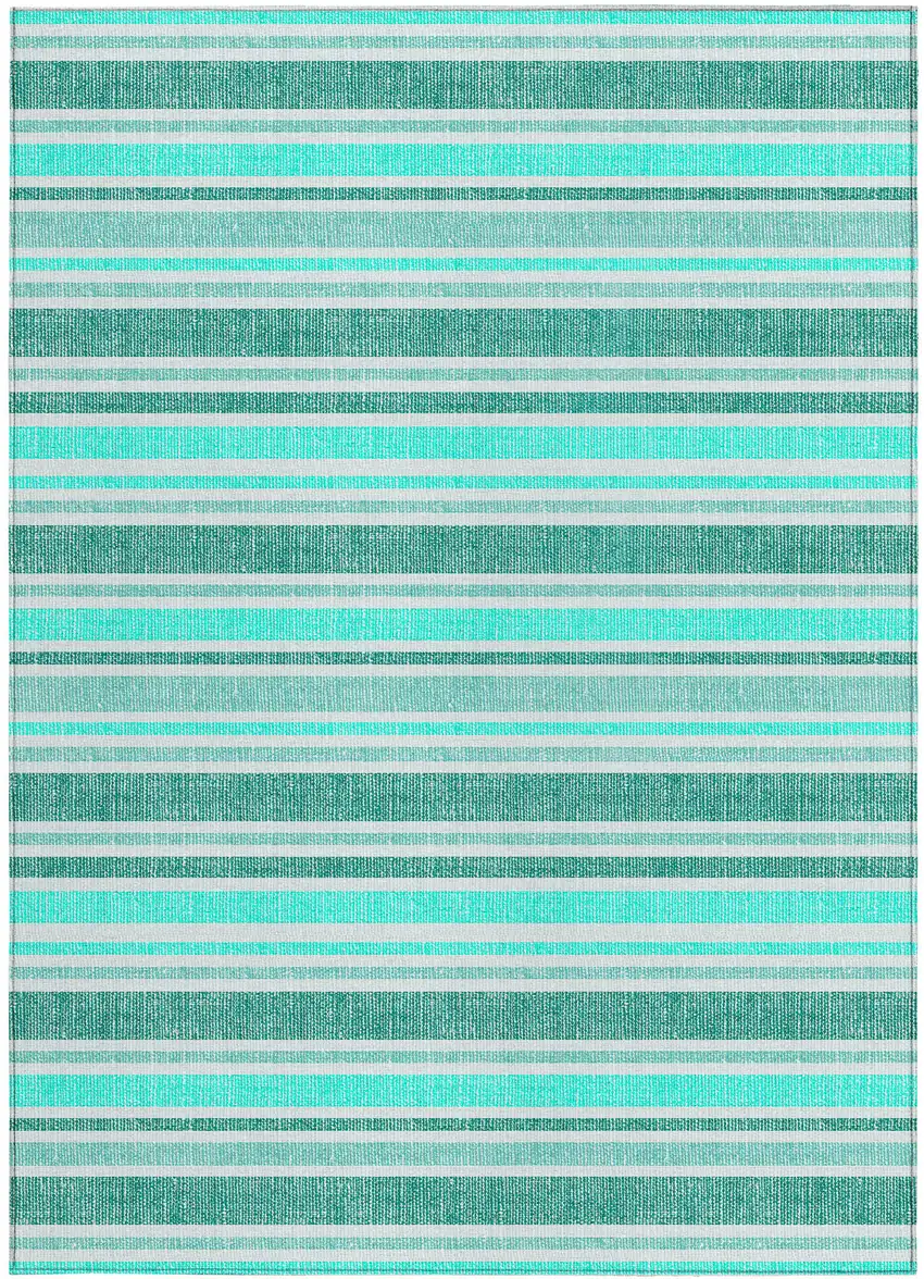 Turquoise Striped Washable Indoor Outdoor Area Rug Photo 5