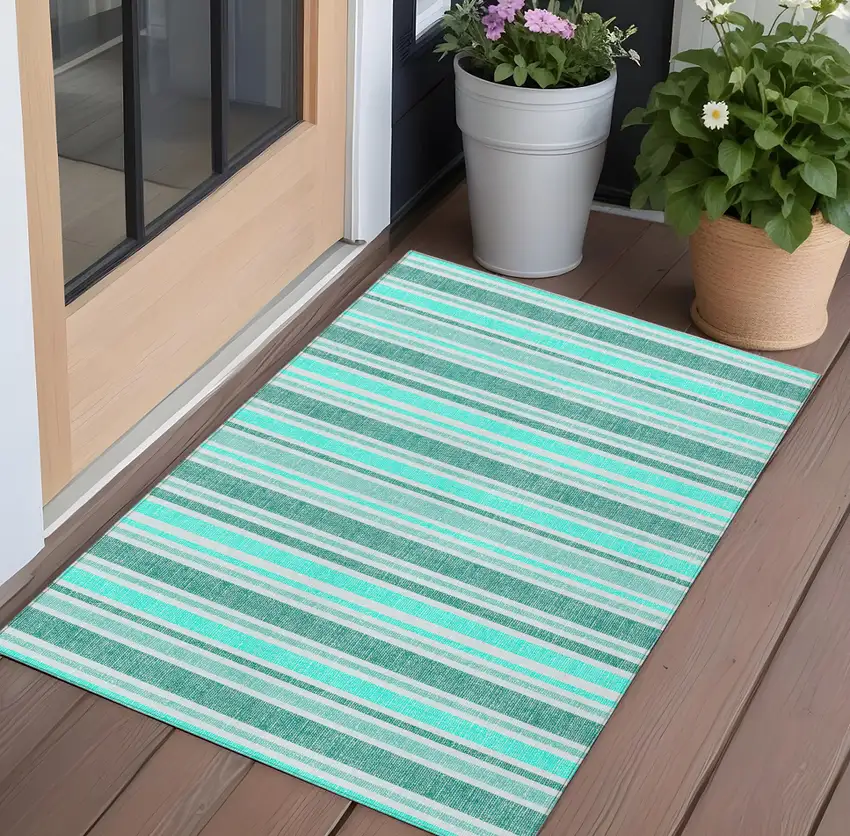 Turquoise Striped Washable Indoor Outdoor Area Rug Photo 1