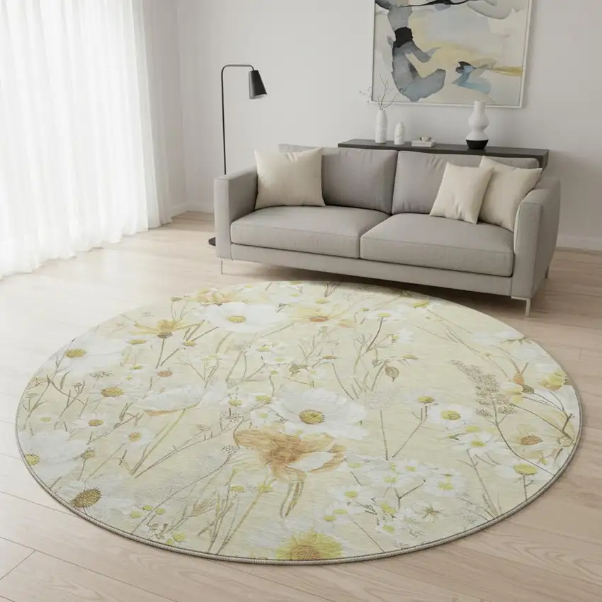 8' X 8' Wheat And Ivory Floral Washable Round Rug With UV Protection Photo 2
