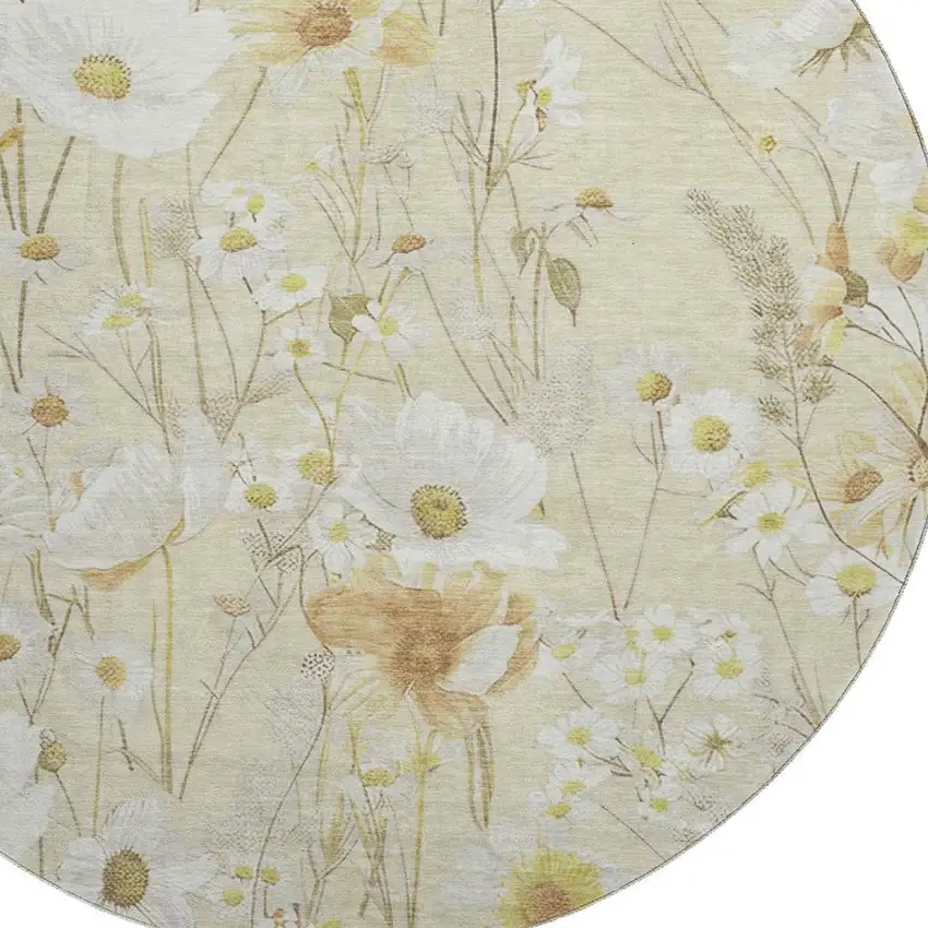 8' X 8' Wheat And Ivory Floral Washable Round Rug With UV Protection Photo 2