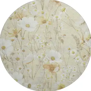 Photo of 8' X 8' Wheat And Ivory Floral Washable Round Rug With UV Protection
