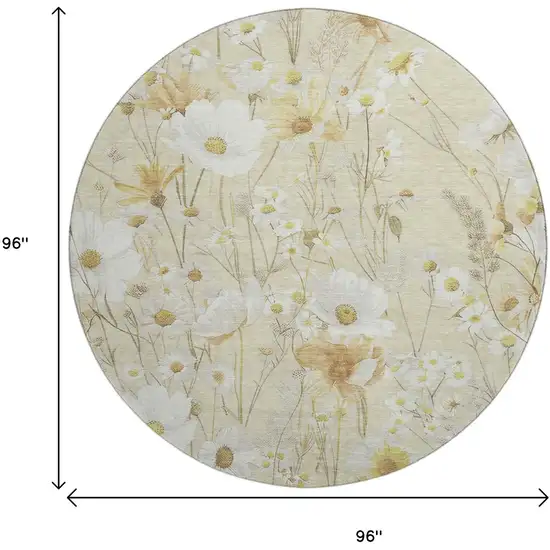 8' X 8' Wheat And Ivory Floral Washable Round Rug With UV Protection Photo 9