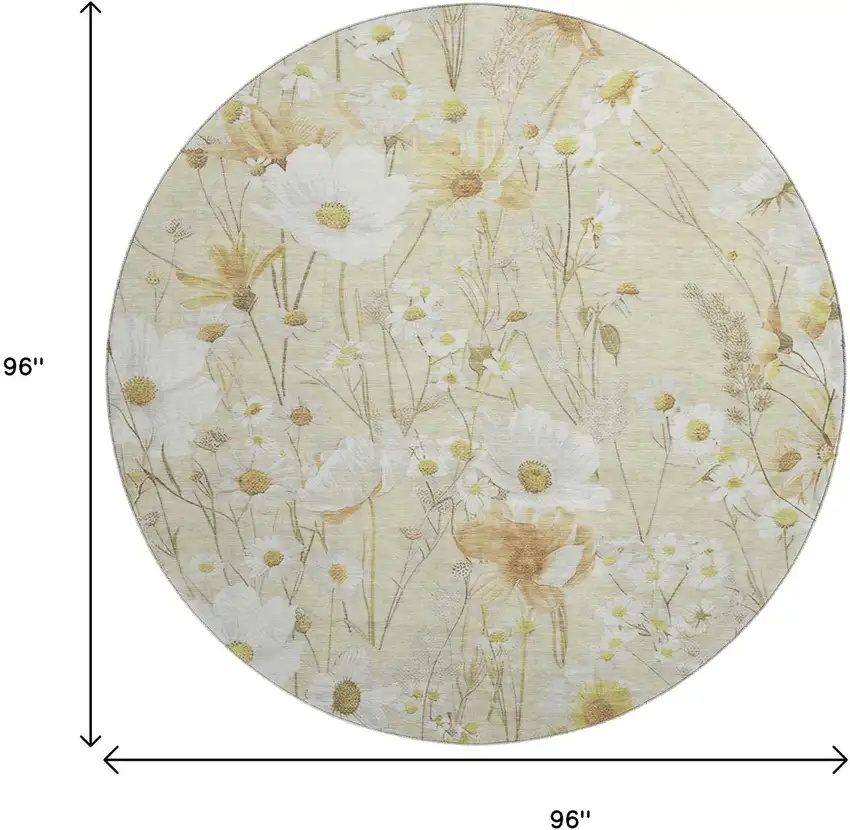 8' X 8' Wheat And Ivory Floral Washable Round Rug With UV Protection Photo 9