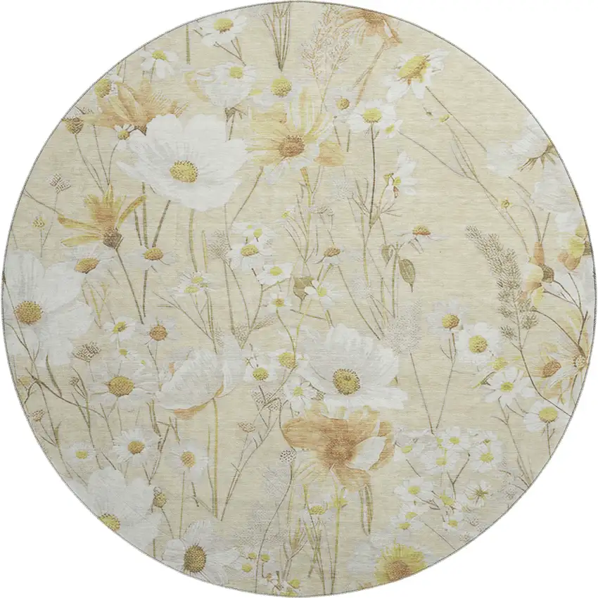 8' X 8' Wheat And Ivory Floral Washable Round Rug With UV Protection Photo 1