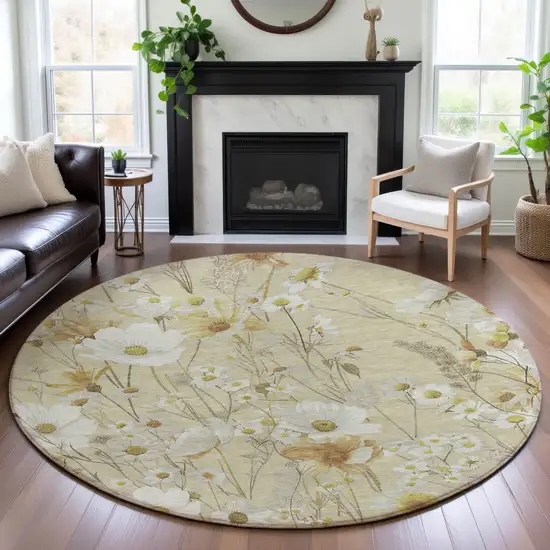 8' X 8' Wheat And Ivory Floral Washable Round Rug With UV Protection Photo 4