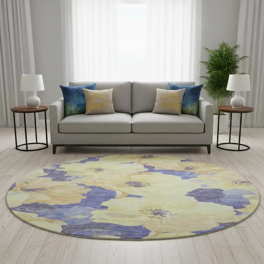 8' X 8' Wheat And Lavender Floral Washable Round Rug With UV Protection Photo 2