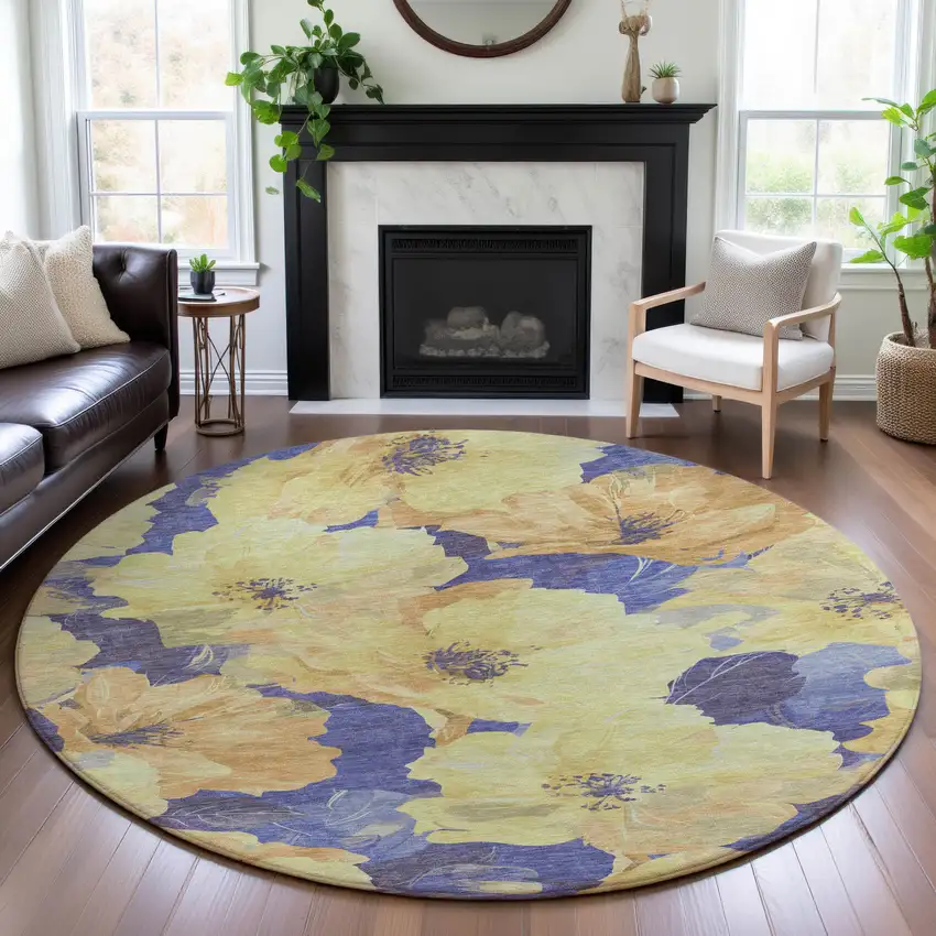 8' X 8' Wheat And Lavender Floral Washable Round Rug With UV Protection Photo 4