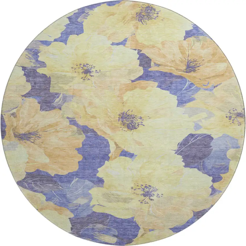 8' X 8' Wheat And Lavender Floral Washable Round Rug With UV Protection Photo 1
