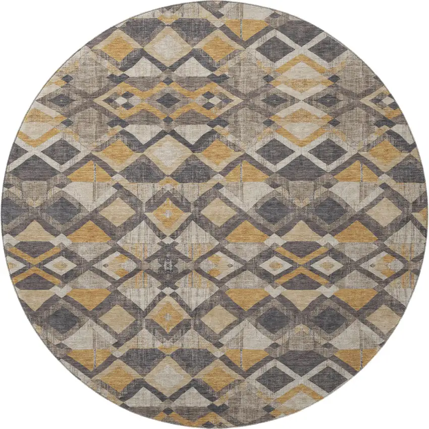 8' X 8' Wheat Charcoal And Ivory Geometric Washable Round Rug With UV Protection Photo 3