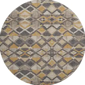 Photo of 8' X 8' Wheat Charcoal And Ivory Geometric Washable Round Rug With UV Protection