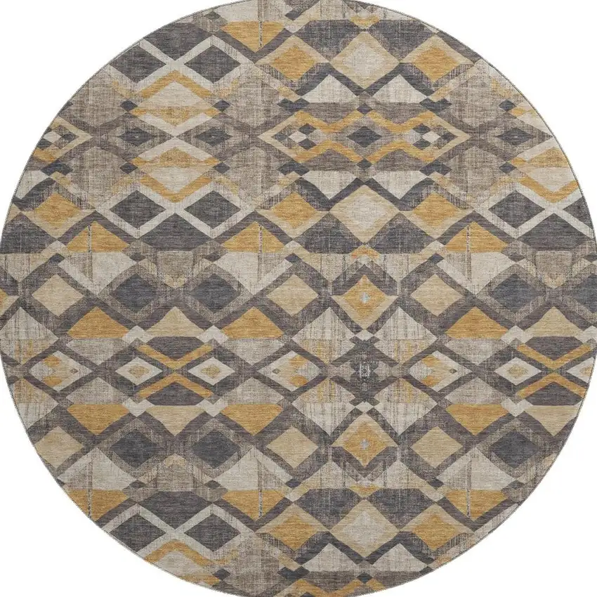 8' X 8' Wheat Charcoal And Ivory Geometric Washable Round Rug With UV Protection Photo 2