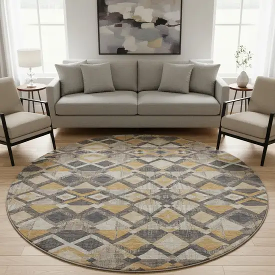8' X 8' Wheat Charcoal And Ivory Geometric Washable Round Rug With UV Protection Photo 2