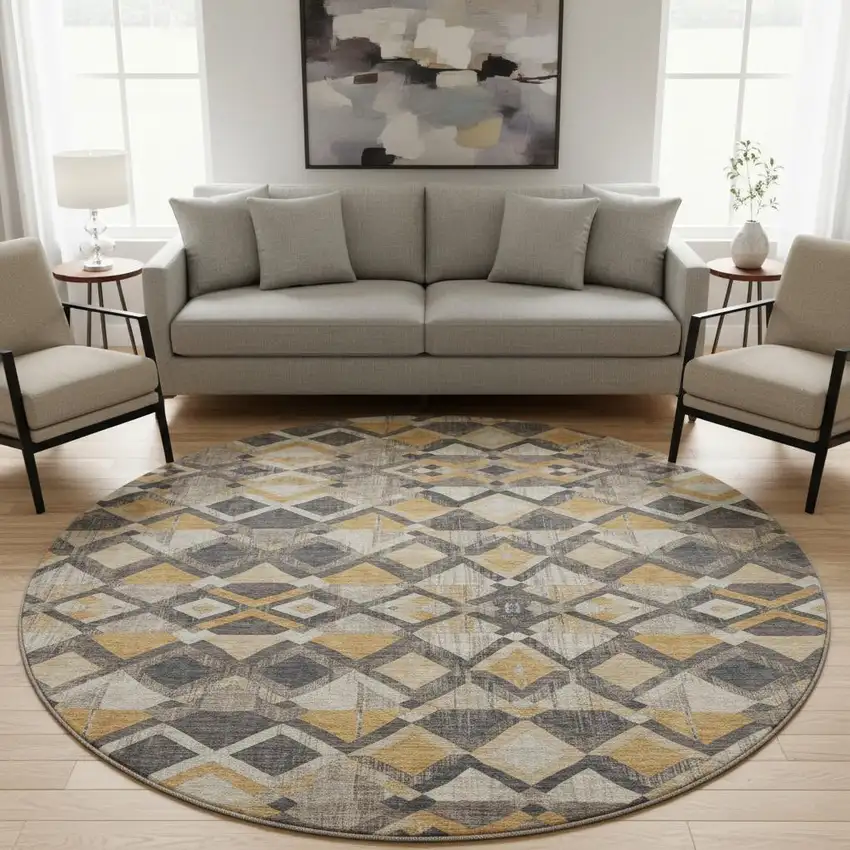 8' X 8' Wheat Charcoal And Ivory Geometric Washable Round Rug With UV Protection Photo 2