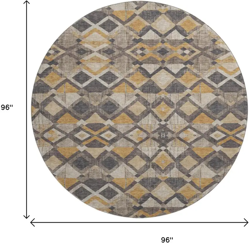8' X 8' Wheat Charcoal And Ivory Geometric Washable Round Rug With UV Protection Photo 9