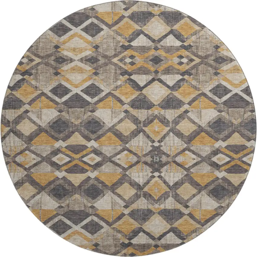 8' X 8' Wheat Charcoal And Ivory Geometric Washable Round Rug With UV Protection Photo 1