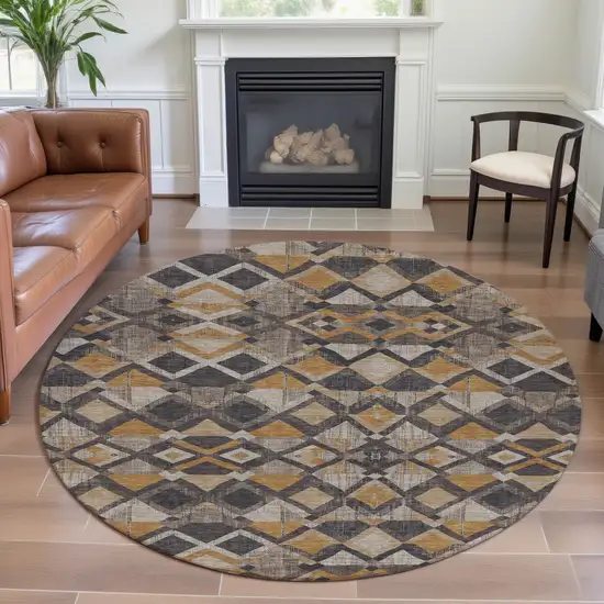 8' X 8' Wheat Charcoal And Ivory Geometric Washable Round Rug With UV Protection Photo 4