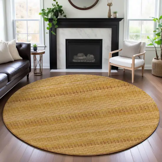 8' X 8' Wheat Gold And Beige Striped Washable Round Rug With UV Protection Photo 4