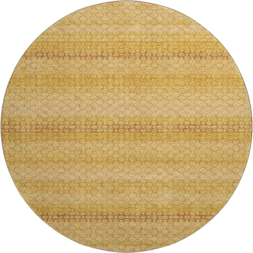 8' X 8' Wheat Gold And Beige Striped Washable Round Rug With UV Protection Photo 1