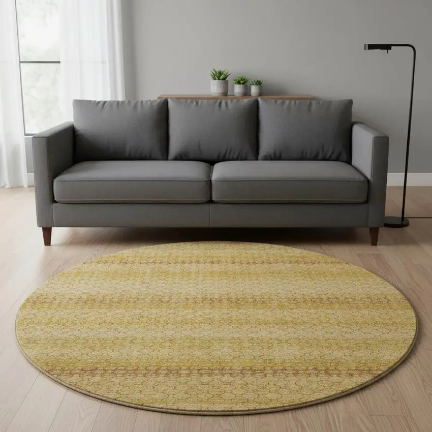 8' X 8' Wheat Gold And Beige Striped Washable Round Rug With UV Protection Photo 2