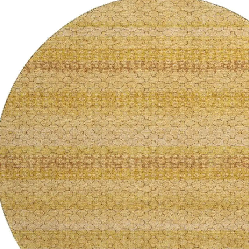 8' X 8' Wheat Gold And Beige Striped Washable Round Rug With UV Protection Photo 2