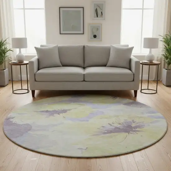 8' X 8' Wheat Lavender And Ivory Floral Washable Round Rug With UV Protection Photo 2