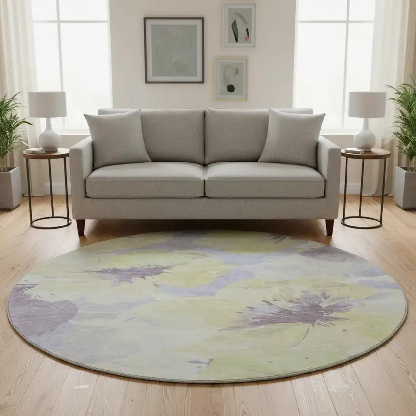 8' X 8' Wheat Lavender And Ivory Floral Washable Round Rug With UV Protection Photo 2