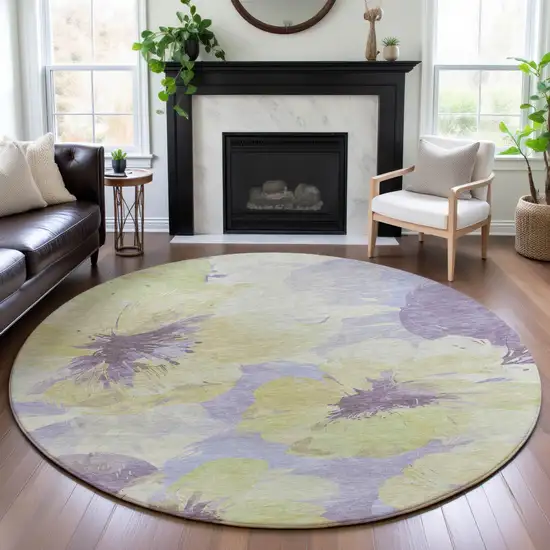 8' X 8' Wheat Lavender And Ivory Floral Washable Round Rug With UV Protection Photo 4