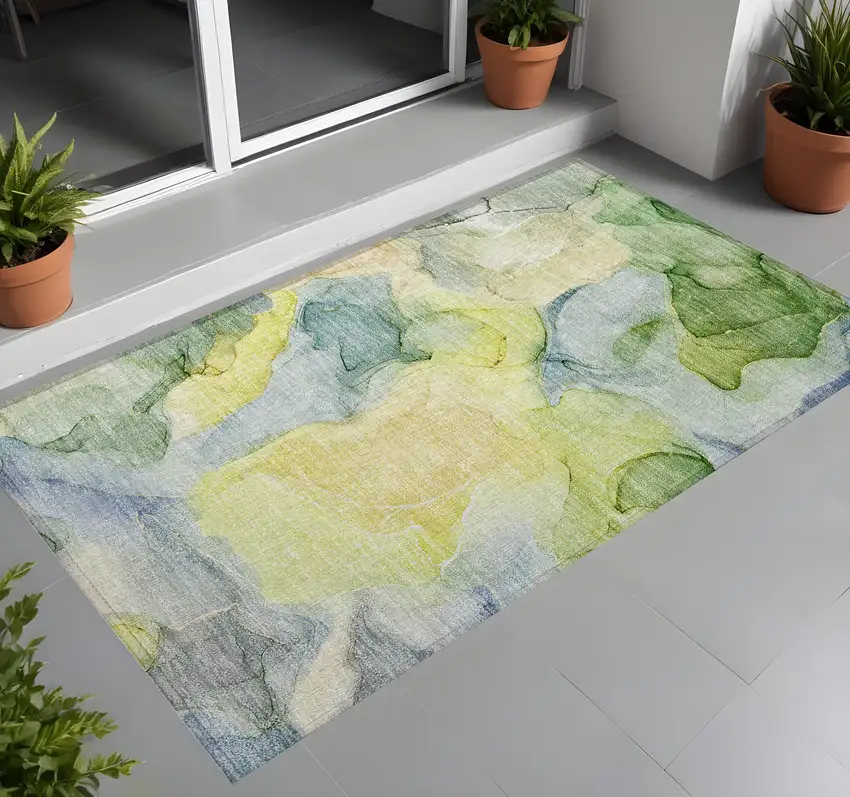 3' X 4' Yellow Abstract Washable Non Skid Indoor Outdoor Area Rug Photo 1
