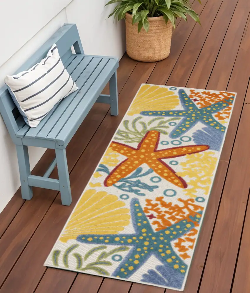 6' Blue And Yellow Indoor Outdoor Runner Rug Photo 2