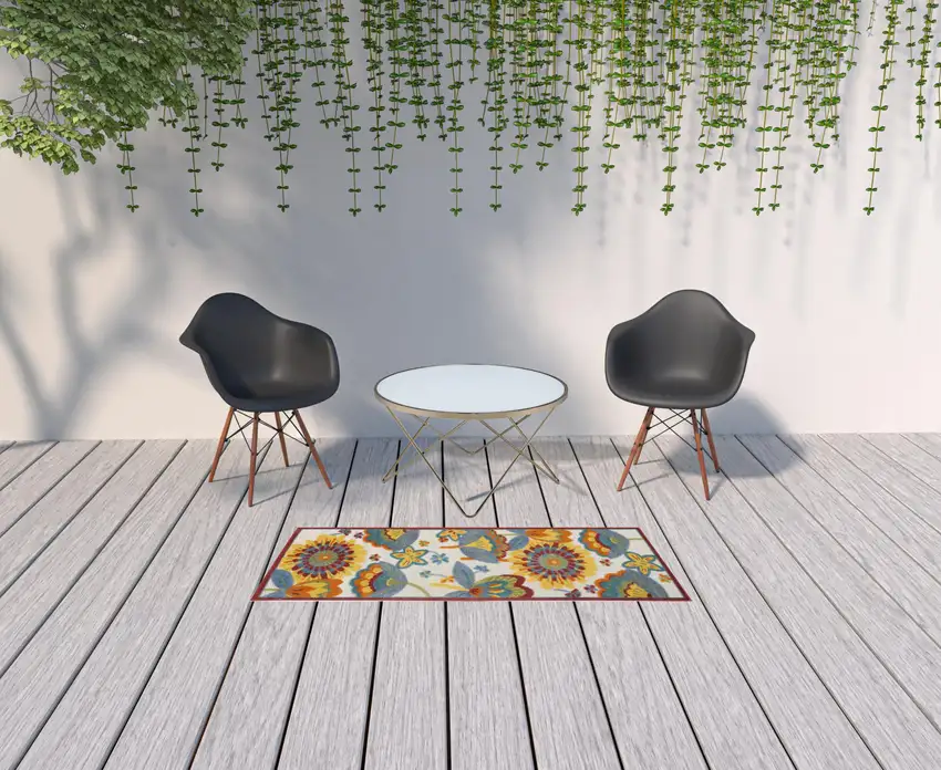 2' X 6' Yellow And Teal Floral Non Skid Indoor Outdoor Runner Rug Photo 2