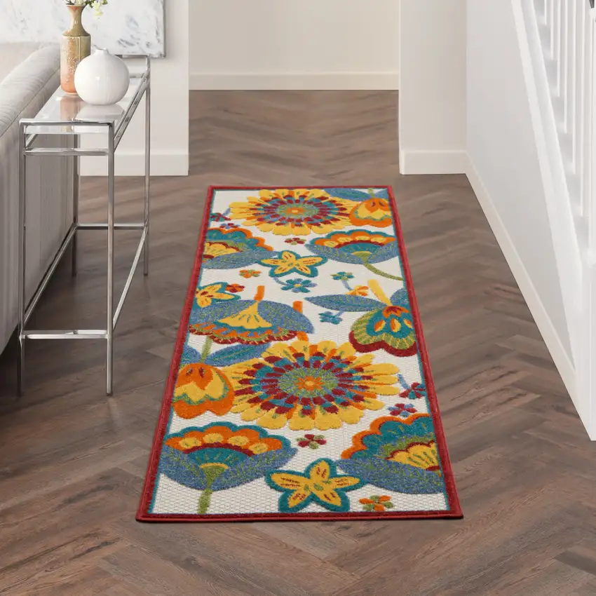 2' X 8' Yellow And Teal Floral Non Skid Indoor Outdoor Runner Rug Photo 9